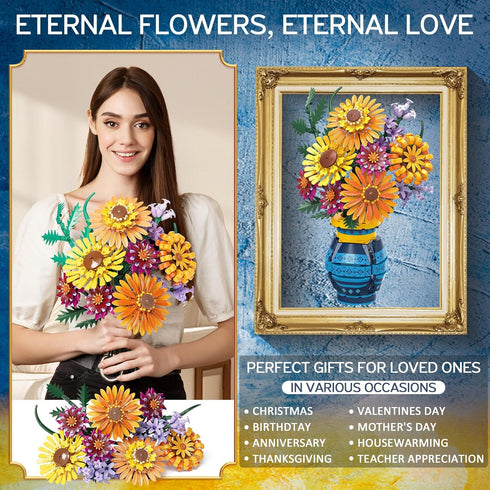 Asoulin Set 1065PCS Flower Bouquet Building Blocks with Vase, Mothers Day Mom Grandma Gifts, Artificial Sunflower
