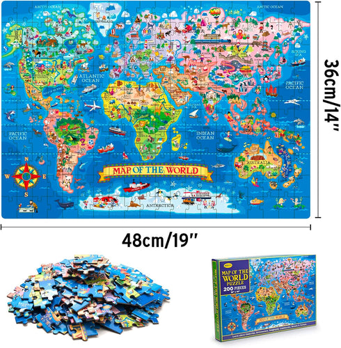World Map Puzzle - 200 Pieces for Kids & Adults - Educational Geography Jigsaw Puzzle