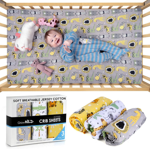 Grow Wild 3 Pack 3 Pack Crib Sheets and Changing Pad Covers Bundle - Soft & Stretchy Jersey Cotton - Safari Animals