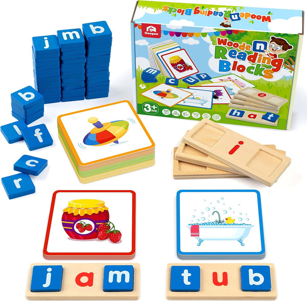 Coogam Wooden Short Vowel Reading Letters Sorting Spelling Games, CVC Words Learning Flashcards for Kids 3-5