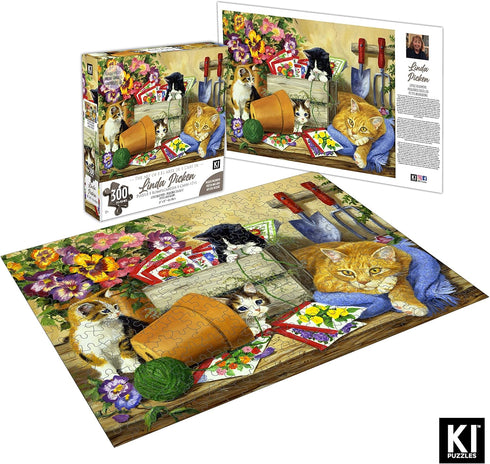 300 Piece Puzzle for Adults, Linda Picken Little Bloomers Cat & Kittens, 24 x 18 Cute Jigsaw