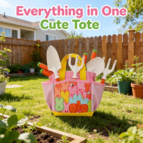 Set 3-8, Kids Gardening Outdoor Tools with Adorable Sun Protective Hat & Bunny Apron, Carrot-Shaped Shovel Rake Trowel