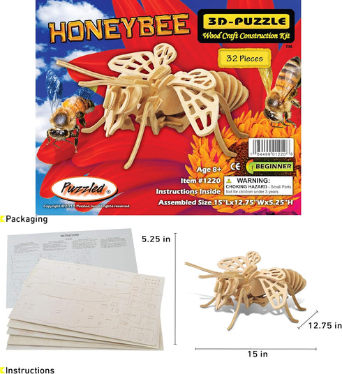 Puzzled 3D Puzzle Honeybee Wood Craft Model Kit - Unique Educational DIY Wooden Insect Toy to Build & Paint, 32pcs