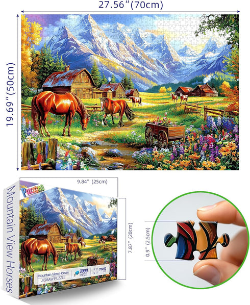 1000 (27.5 19.7 Inch) Pieces Jigsaw Puzzles for Adults, Mountain Landscape Puzzles with Grazing Horses and Log Cabin