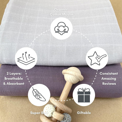 MOZAH 100% 2 Pack Organic Muslin Swaddle Blankets - Cotton for Girl and Boy - Receiving Blanket - of Baby Swaddle