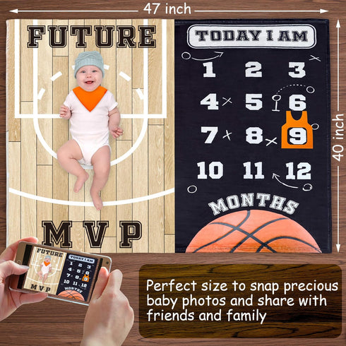 47"x40" SUKOON Monthly Milestone Blanket for Baby Boy/Girl | Basketball Theme | Includes Frame and Bib | Large | |