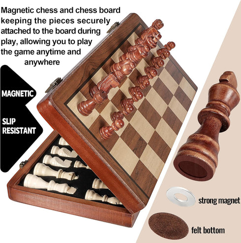 2 1 Set Set in Wooden Chess and Checkers - Folding Magnetic Chess Board with Storage Slots, Chess Pieces, Portable