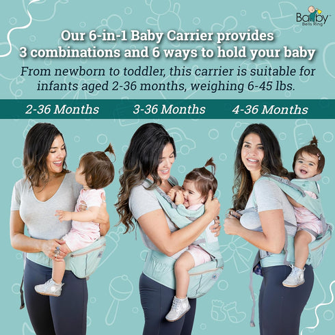 6-in-1 43 Inches, 2-36 6-45 lb Baby Carrier - Ergonomic Soft Carrier with Hip Seat and Large Storage, Front and Back