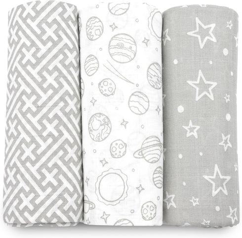 Bublo Baby Muslin Swaddle Blankets - 3-Pack 100% Cotton Receiving Blankets for Boys and Girls - Grey, 47x47 Inches