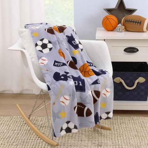 Everything Kids Sports - Super Soft Toddler Blanket in Gray, Navy, Orange, and Brown