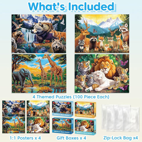 Jeacirio 5-8 100 4-6 4-Pack Kids Puzzles Ages - Wild Animals Puzzles Piece Jigsaw Puzzles for Kids Ages Toddler Puzzle