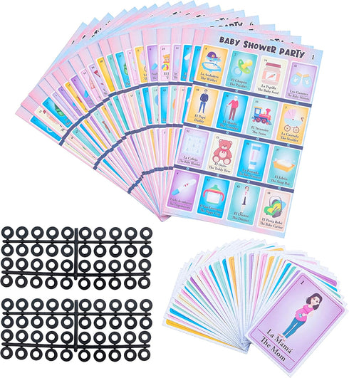 Baby Shower Bingo Kit - Bilingual English Spanish for 20 Players with 240 Markers for Family Fun