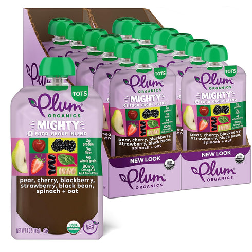 Plum Organics Mighty 4 Organic Toddler Food - 4 oz Pouch (Pack of 12) - Pear, Cherry, Blackberry, Strawberry, Black
