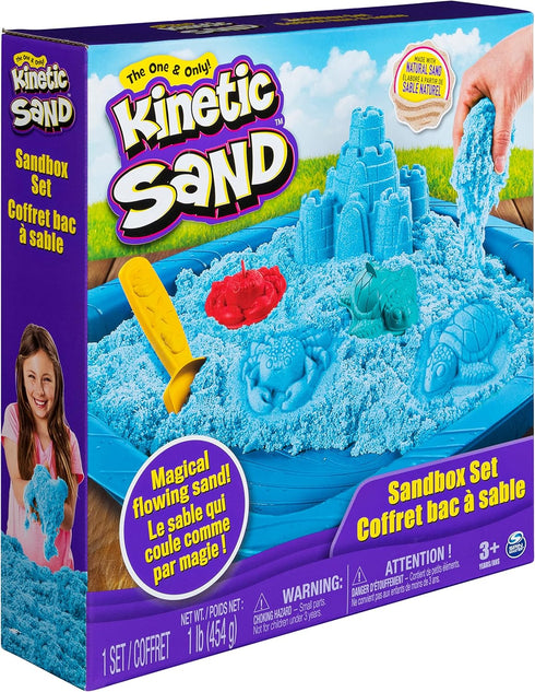 Kinetic Sand Sandbox Set, Kids Toy with 1lb All-Natural Blue and 3 Molds, Sensory Toys for Ages 3 and Up