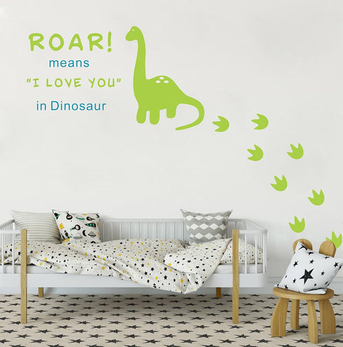 Dinosaur Wall Decal, Roar Means I Love You in Dinosaur with Footprints, Vinyl Stickers for Kids Bedroom