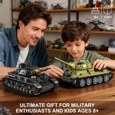 MISTBUY WW2 Sets T-34 8+ (1201 Army Tank Building with Lights, Panzer IV & Military Tanks Model Kit Compatible