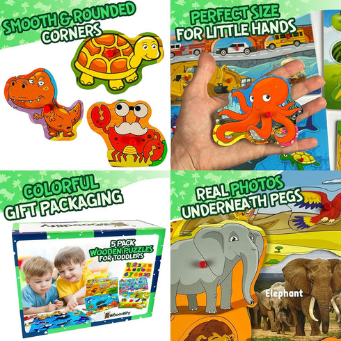 WOOODLIFY 5 Pack 1-3 2-4 Wooden Puzzles for Toddlers - Colorful Chunky Wooden Peg Puzzles - Educational Learning