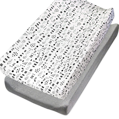 HonestBaby Organic Cotton Changing Pad Covers (Set of Two), Pattern Play/Heather Gray,