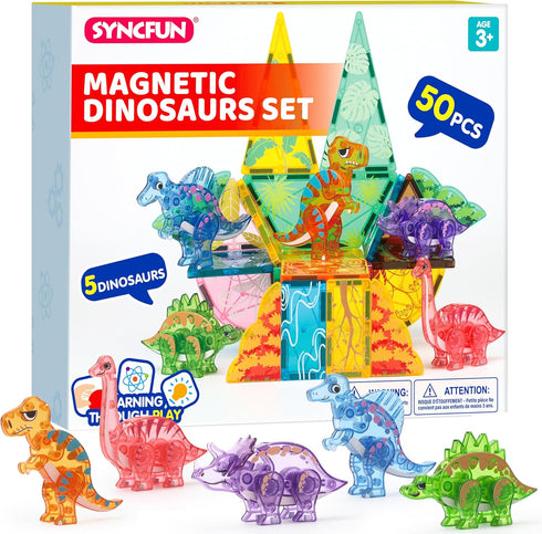 Set 50PCS 5 3-5 4-8, SYNCFUN Magnetic Building Tiles Dinosaur for Kids, Including Cute Dinosaurs, Educational STEM Toy