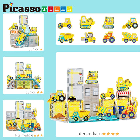 PicassoTiles Magnet Tile Building Blocks, Printed Construction Themed Toy Set with 8 Character Action Figures for Kids