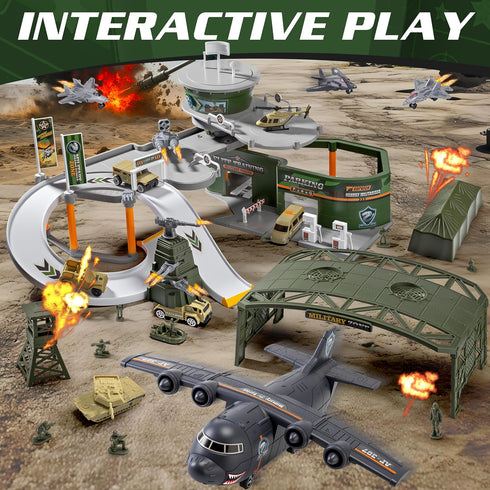 Set Military Base Toy Race Track with Airplane, Tanks, Cars, Helicopters, Fighter Jets, Army Men Action Figures