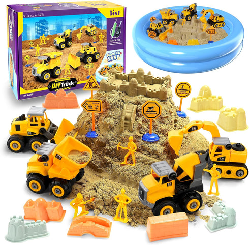 YIDESTARS Play Construction Sand Kit,2.2lbs Magic Sand W/4 Large Take Apart Construction Trucks,1