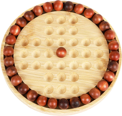 TOWO Wooden Solitaire Game –Peg Solitaire Puzzle Toy - Classic Board Game Marble Chess Mind Game 19.5CM 7.7” Round Board with Wooden Balls One Player Gameplay Brainteaser Puzzle