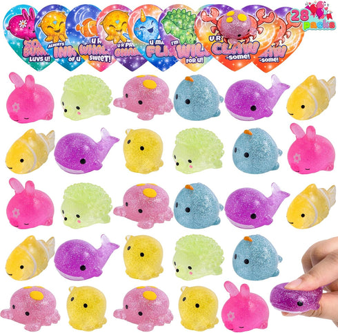 28 JOYIN PCS Valentines Day Gift Cards with Glitter Mochi Squishy Toys, Cute Sea Animals Mochi to Squeeze, Stress