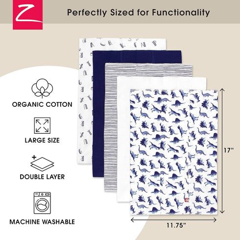 Zutano 5-Pack Organic Burp Cloths for Baby Girl & Boy, Large Cotton Burping Cloths for Babies | Absorbent Baby Spit-Up Rags | Gender Neutral Burp Clothes | Newborn Essentials, Dino Party by Zutano