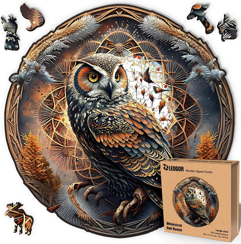LEOGOR Wooden Puzzle for Adults - Whimsical Owl Haven - 350 Piece Large Nature Inspired Round Mandala