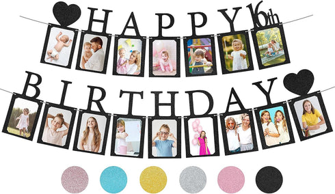 Sweet 16 Birthday Decorations Photo Banner, Pre-assembled Black Sweet 16 Banner with Sixteen Photo Card Frames