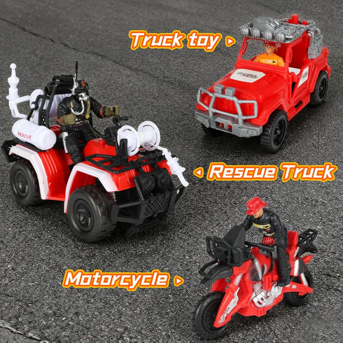 Playset, Kids Firefighter Action Figures Fireman Figures Toys with Tools, Red Fire Trucks, Army Vehicles, Helicopter