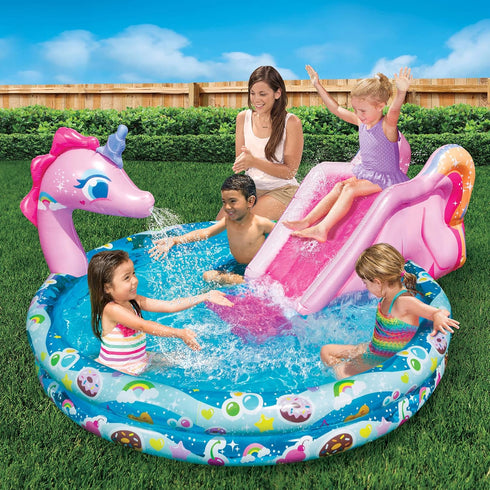 BANZAI Spray 'N Splash Unicorn Pool, Inflatable Outdoor Backyard Water Slide, 78 in Length