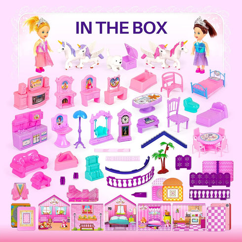 Dollhouse Toy for Little Girls with 2 Princesses, 4 Unicorns, Dog, Furniture, Accessories - Pink & Purple