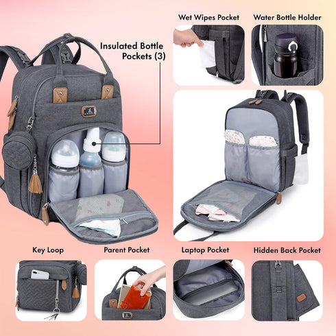 Dikaslon Diaper Bag Backpack - Large Unisex Baby Bags with Portable Changing Pad, Pacifier Case, Stroller Straps