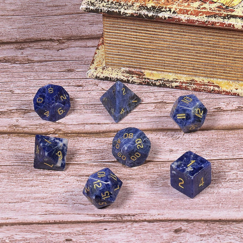 Amogeeli 7pcs Sodalite Hand-Carved Crystal DND Dice Set, Stone Polyhedral Rolling Kit for RPG MTG COC Table Game