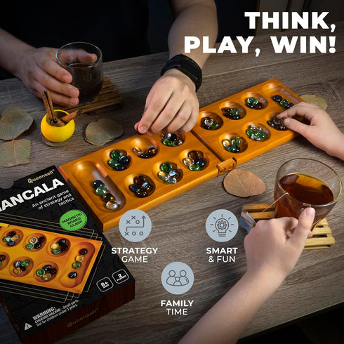 2-Player Set 56 Mancala Board Game with Magnetic Lock Classic Folding Game Wooden Mancala with Glass Pebbles Mancala
