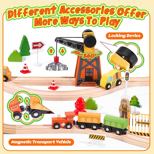 Set 102-Piece 3-8, Playset Wooden Train for Toddlers Kids Ages Double-Sided Expandable Train Track with Puzzles