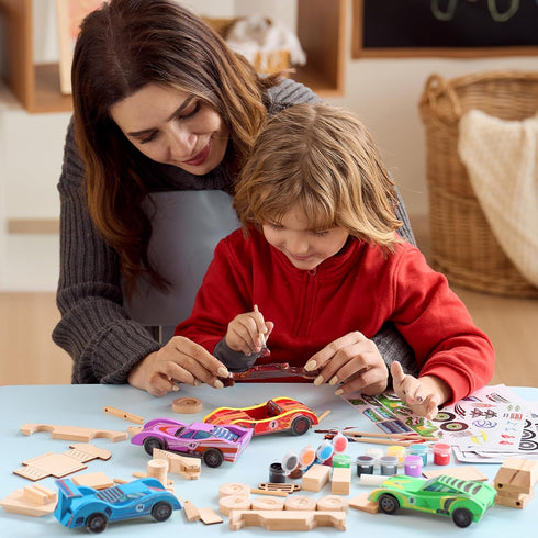 Klever Kits 4 DIY Wooden Race Cars, Build & Paint Your Own Craft Kit, Easy to Assemble Birthday Presents for Kids