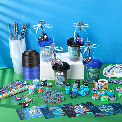 Watersay 218 Set Pcs Video Game Party Favors Includes Drink Cup with Lid Game Card Pencil Sharpener Eraser Stickers