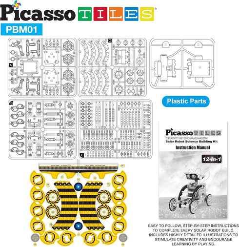PicassoTiles STEM Kids Solar Powered Transformer Robot, 12-in-1 Educational Building Toy for Age 8+