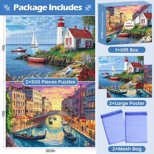 WSCXSC 2 Pack 500 500 500 Pieces Puzzle for Adults,Beach Jigsaw Puzzles Pieces City Building Puzzles Scenery Puzzle
