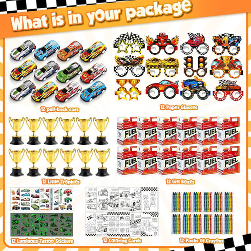 SNLN Race Car Party Favors Birthday Goodie Bags Supplies, Mini Race Car Trophy Cup Coloring Card with Crayon Gift Box