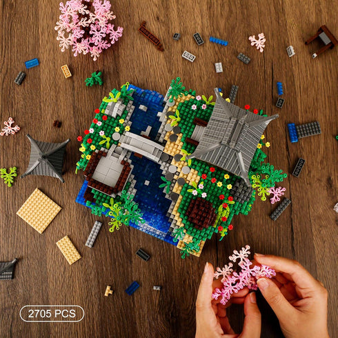 Set 14+,(2705 Light-Up Peach Blossom Pond Micro Mini Bricks Kit, Chinese Architecture Cherry Bonsai Tree Building