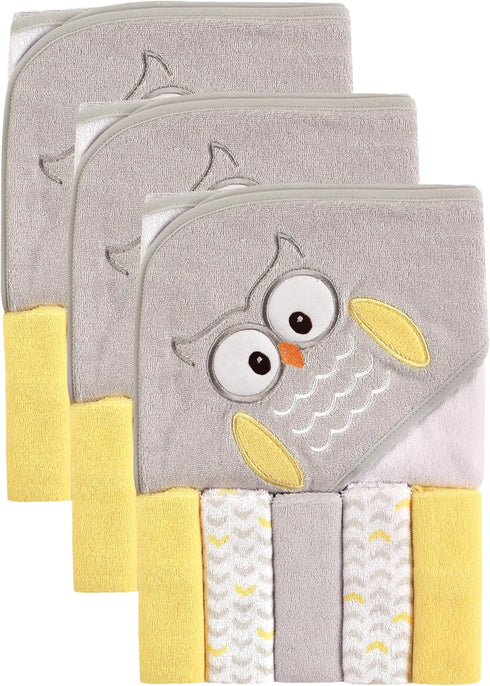 Luvable Friends Unisex Baby Hooded Towel with Five Washcloths, Owl, One Size