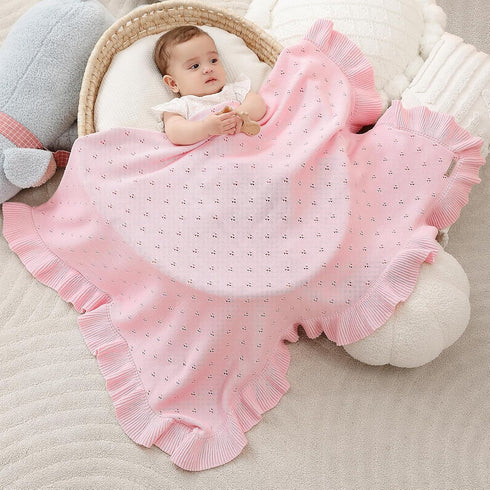40 31 Inches Cozy Ruffle Cotton Pointelle Knitted Baby Blanket, x Soft Newborn Swaddle Blanket for Girls, Crib Stroller