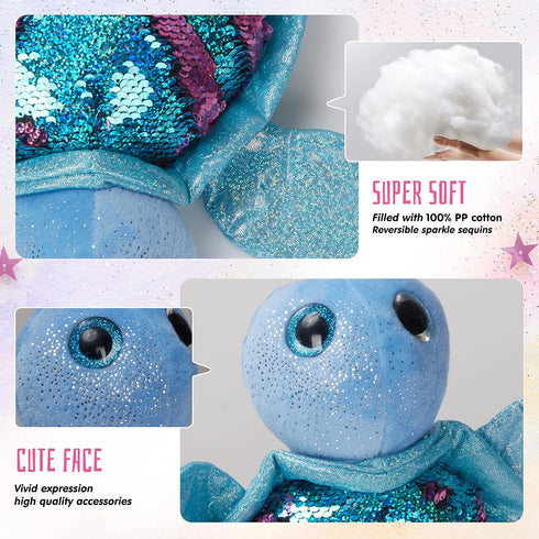 Athoinsu Reversible Sequins Stuffed Animal Sea Turtle Plush Toy, Sparkly Soft Ocean Life Tortoise Throw Pillow, 12''
