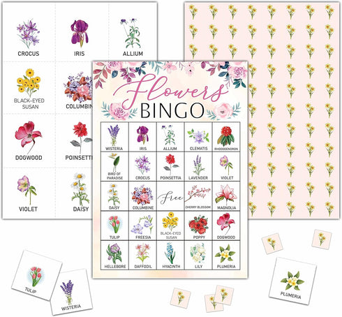 Flowers Bingo Game - Blush Pink Floral Bingo Card Set for 24 Players, Indoor Outdoor Activities