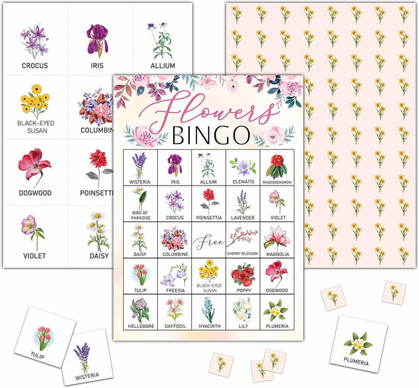 Flowers Bingo Game - Blush Pink Floral Bingo Card Set for 24 Players, Indoor Outdoor Activities