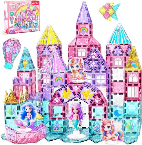 Magnetic Tiles Unicorn Building Toys Set with 4 Dolls, Princess Magnetic Blocks